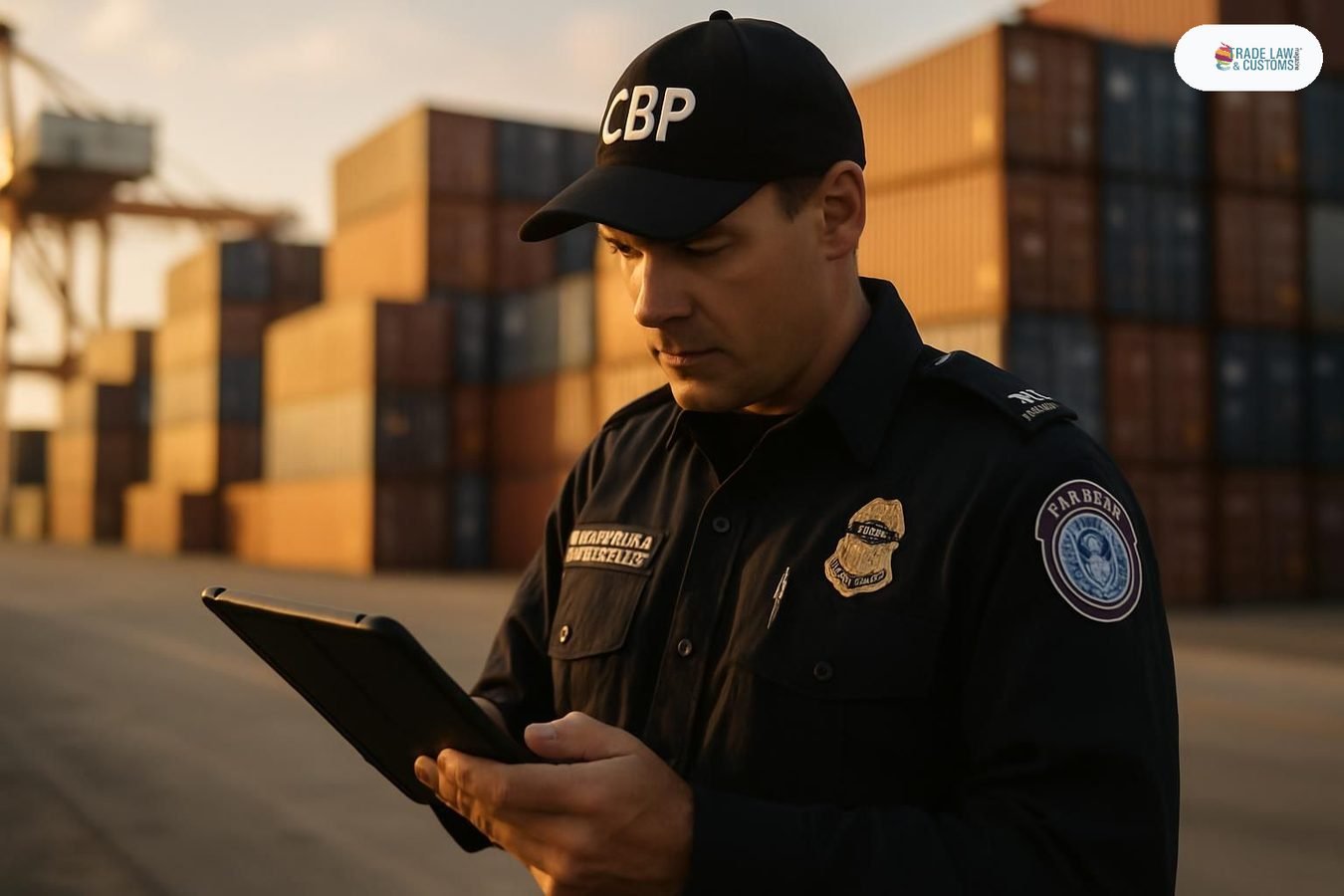 Oficial de CBP revisa documentos digitales en terminal de contenedores de EE.UU.