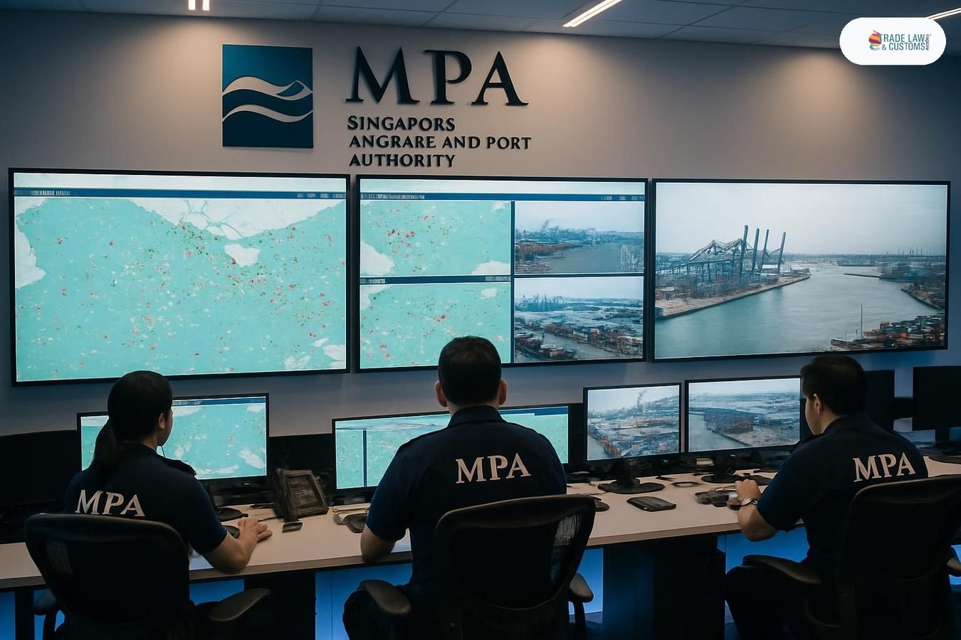 Oficiales de la MPA de Singapur monitorean tráfico portuario en tiempo real desde el centro de comando IPOC.