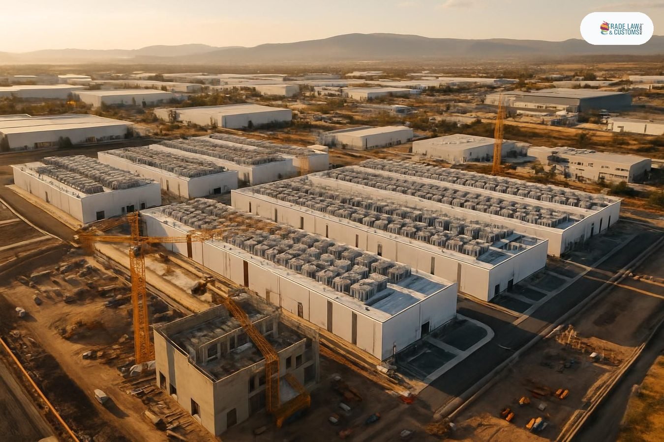 Campus de centros de datos en construcción en parque industrial de Querétaro, México.