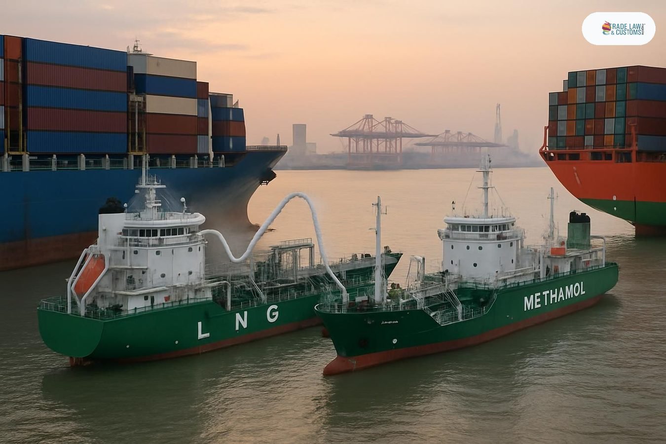 Dos buques de bunkering de combustibles verdes suministran GNL y biometanol simultáneamente en el fondeadero de Shanghái.