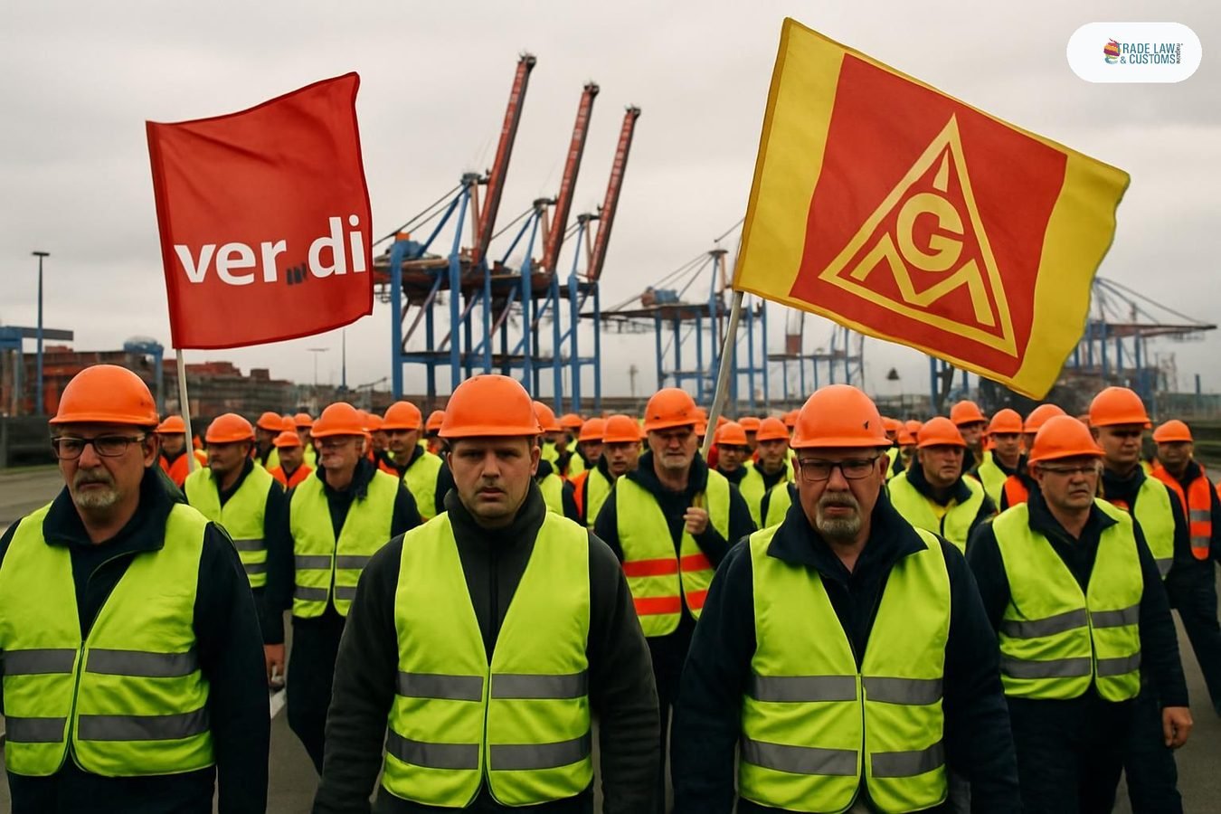 Estibadores alemanes marchan en huelga frente a grúas paradas en el Puerto de Hamburgo.