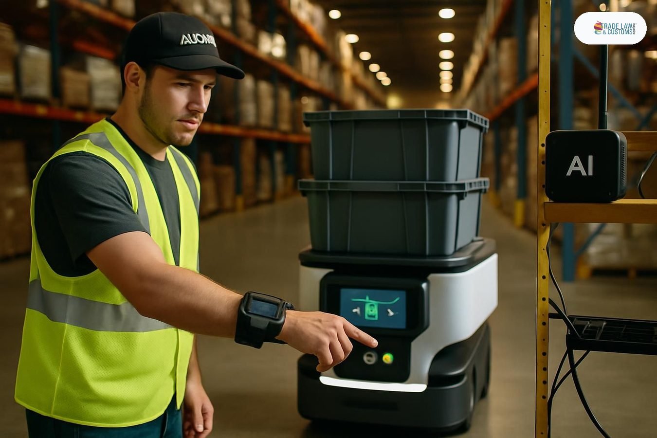 Trabajador con dispositivo vestible de robótica coordina un robot móvil autónomo en centro de distribución industrial en Texas.