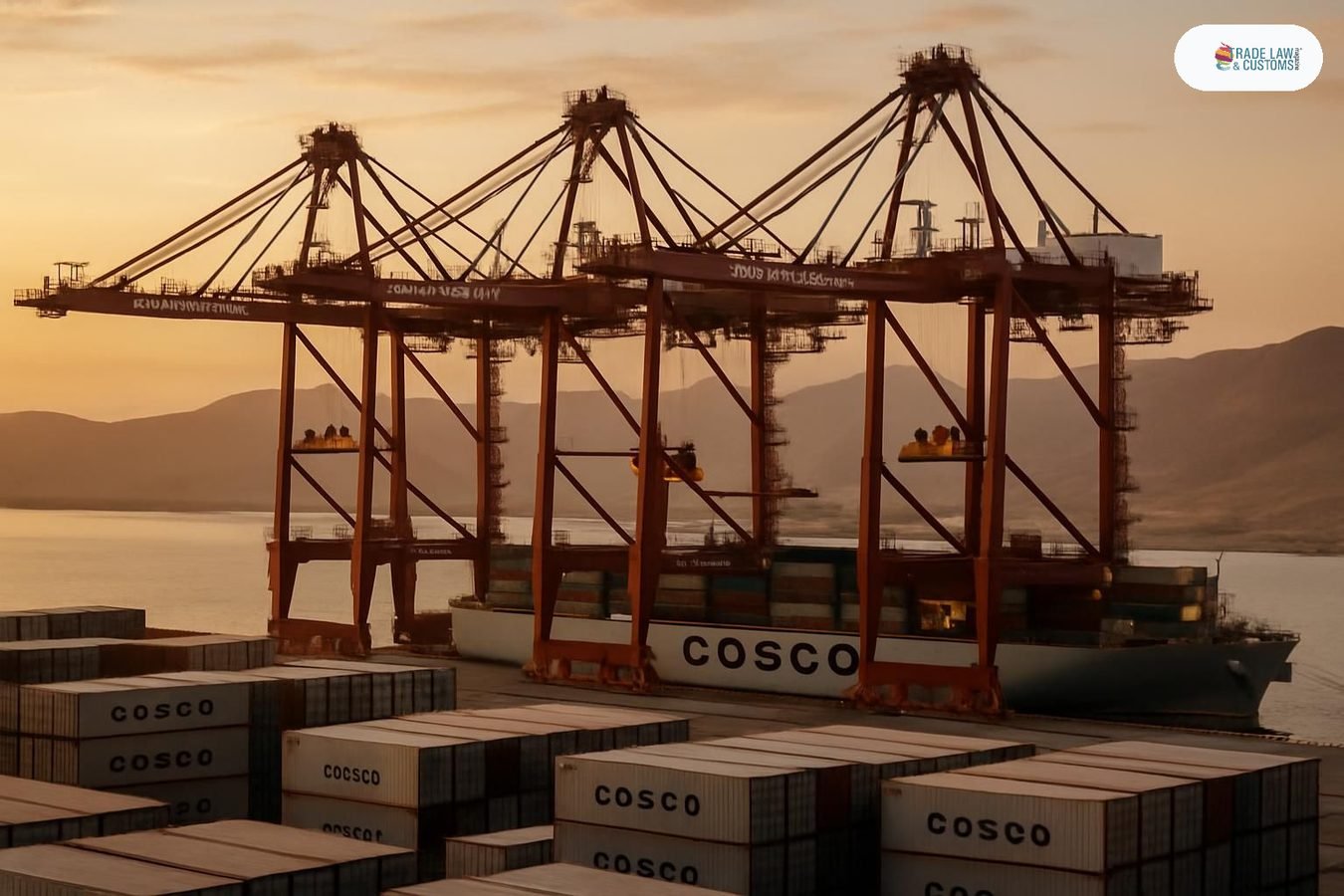 Grúas de muelle cargan contenedores en el Puerto de Chancay, Perú, con buque portacontenedores de COSCO al atardecer.