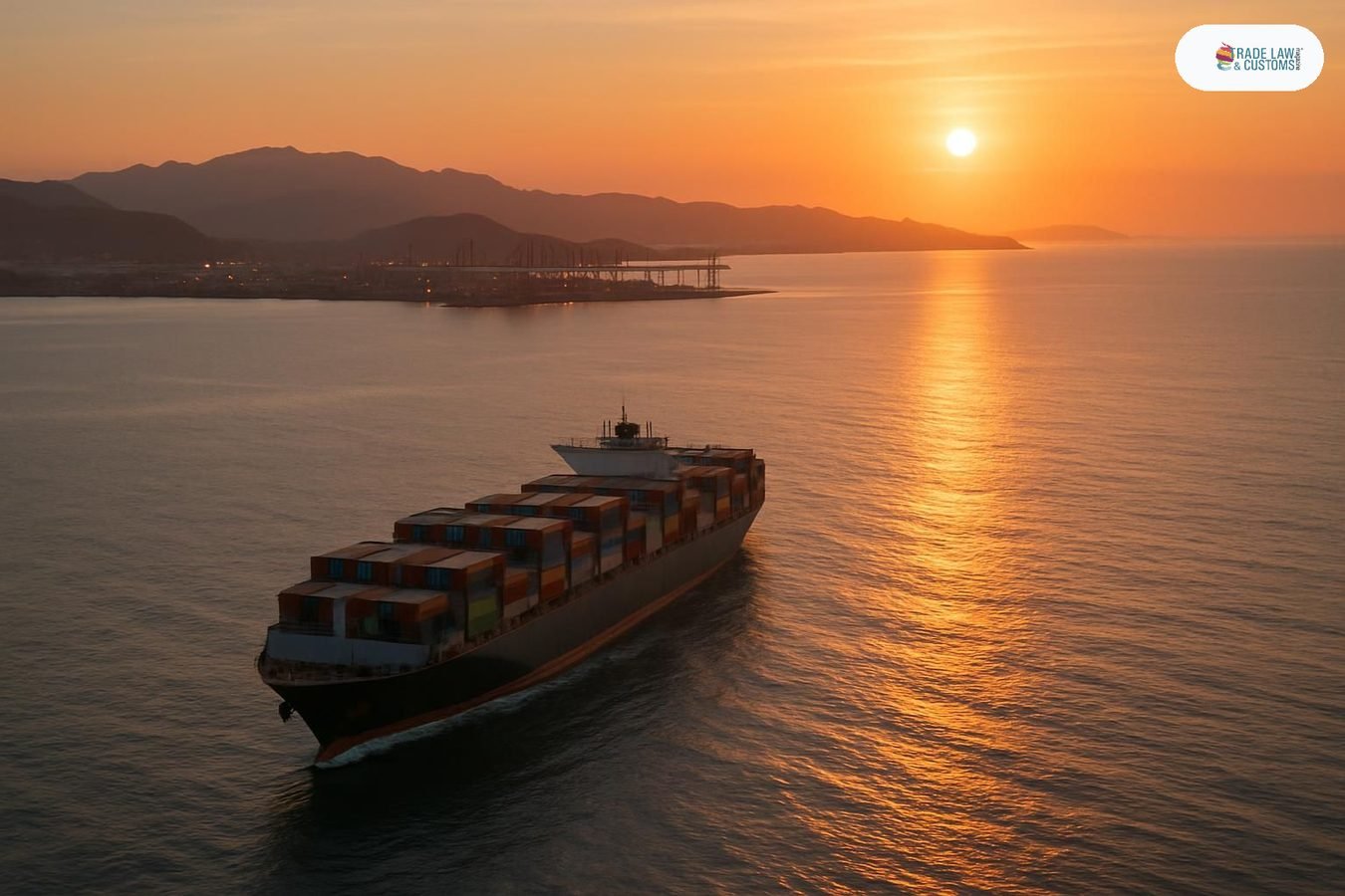 Buque portacontenedores navega el corredor transpacífico con destino al puerto de Manzanillo, México, al atardecer.