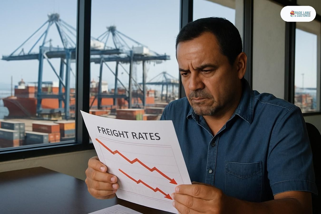 Agente de carga en oficina del puerto de Manzanillo revisa tarifas de flete transpacífico con tendencia a la baja.