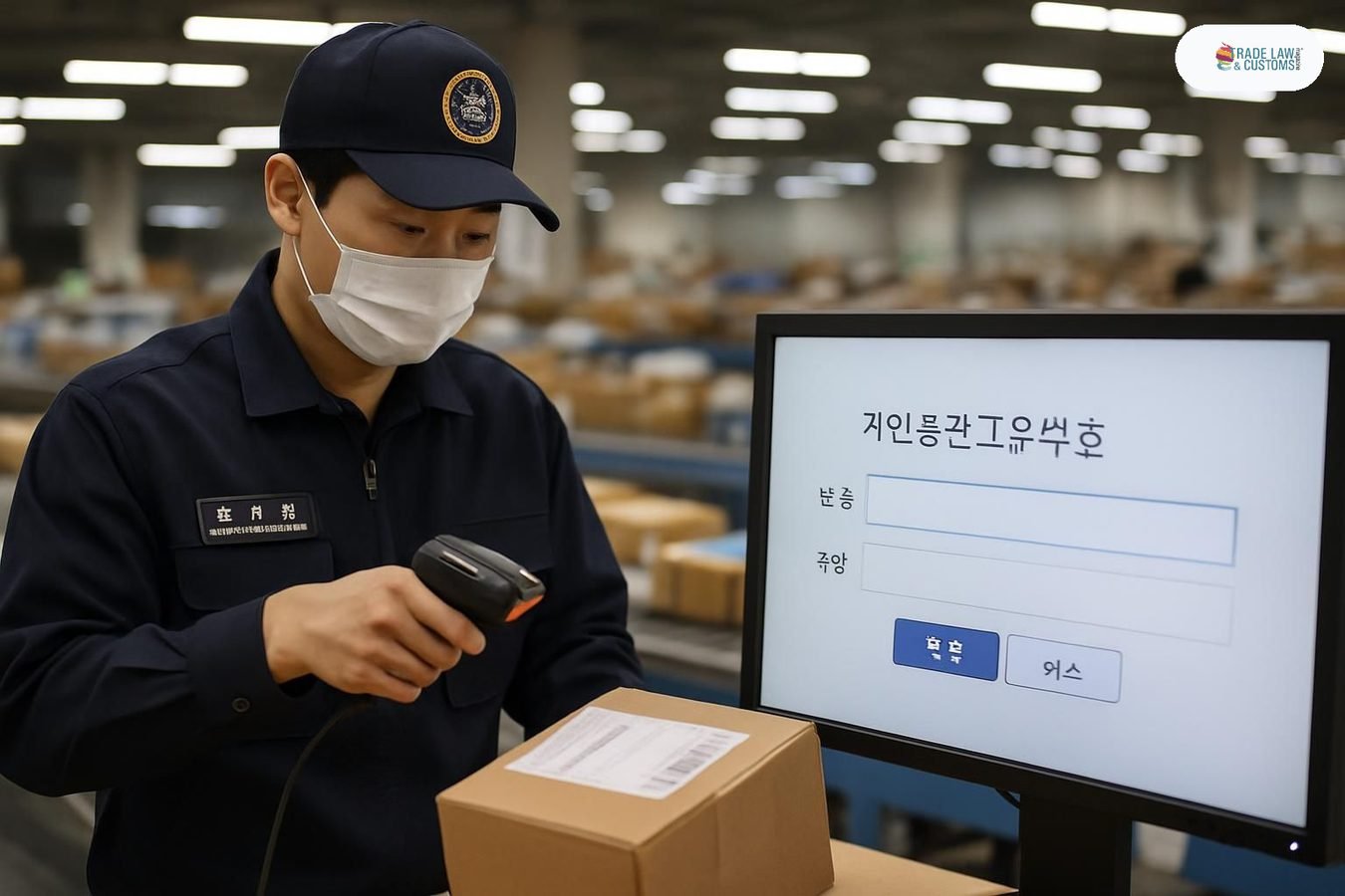 Agente aduanal en terminal de carga de Incheon verificando código PCCC en paquete de e-commerce transfronterizo.