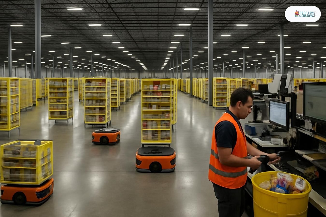 Robots GTP 2.0 transportando estantes hacia estaciones de surtido en el centro de distribución Megapark de Walmart en Tepotzotlán.