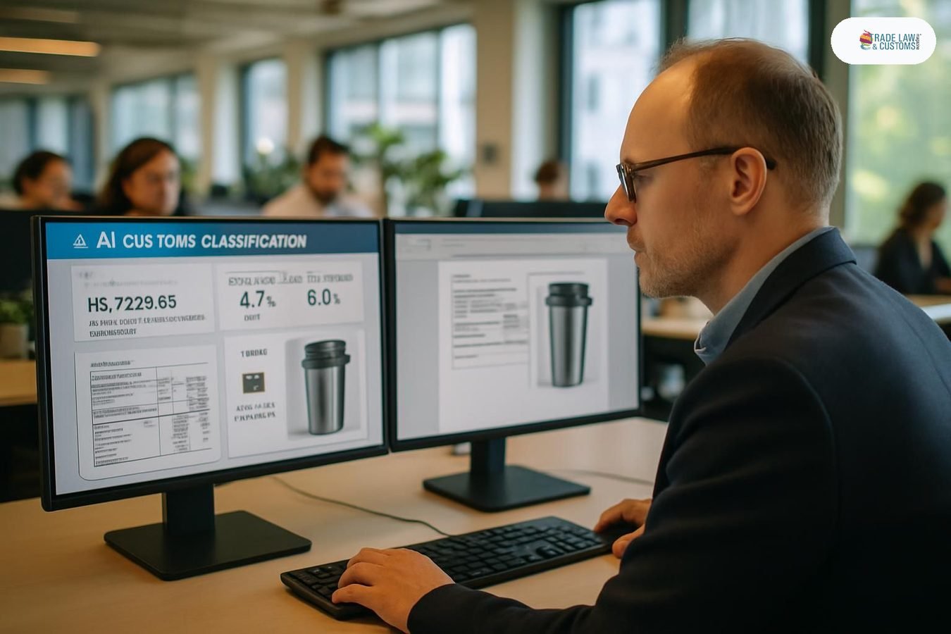 Profesional de cumplimiento aduanal consultando clasificación arancelaria con IA en plataforma Maersk Trade & Tariff Studio.