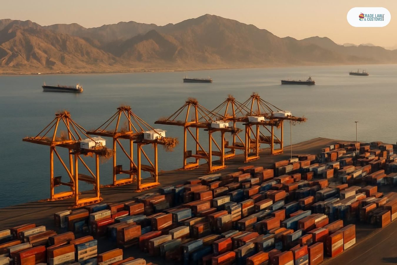 Vista aérea del puerto de Fujairah en la costa este de los Emiratos Árabes Unidos con buques portacontenedores y grúas de terminal.