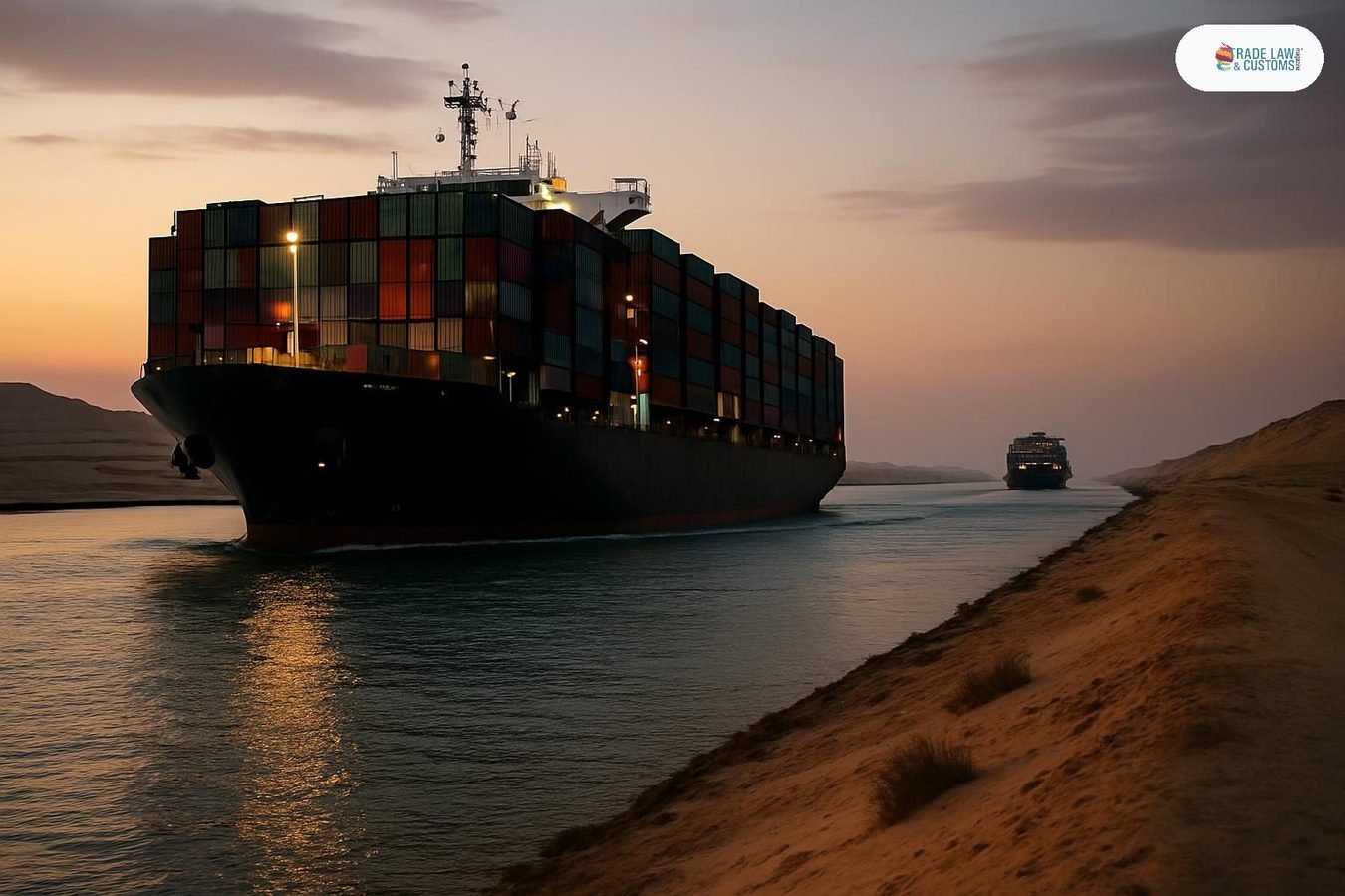 Buque portacontenedores transitando el Canal de Suez al atardecer con otra embarcación visible en el canal al fondo.