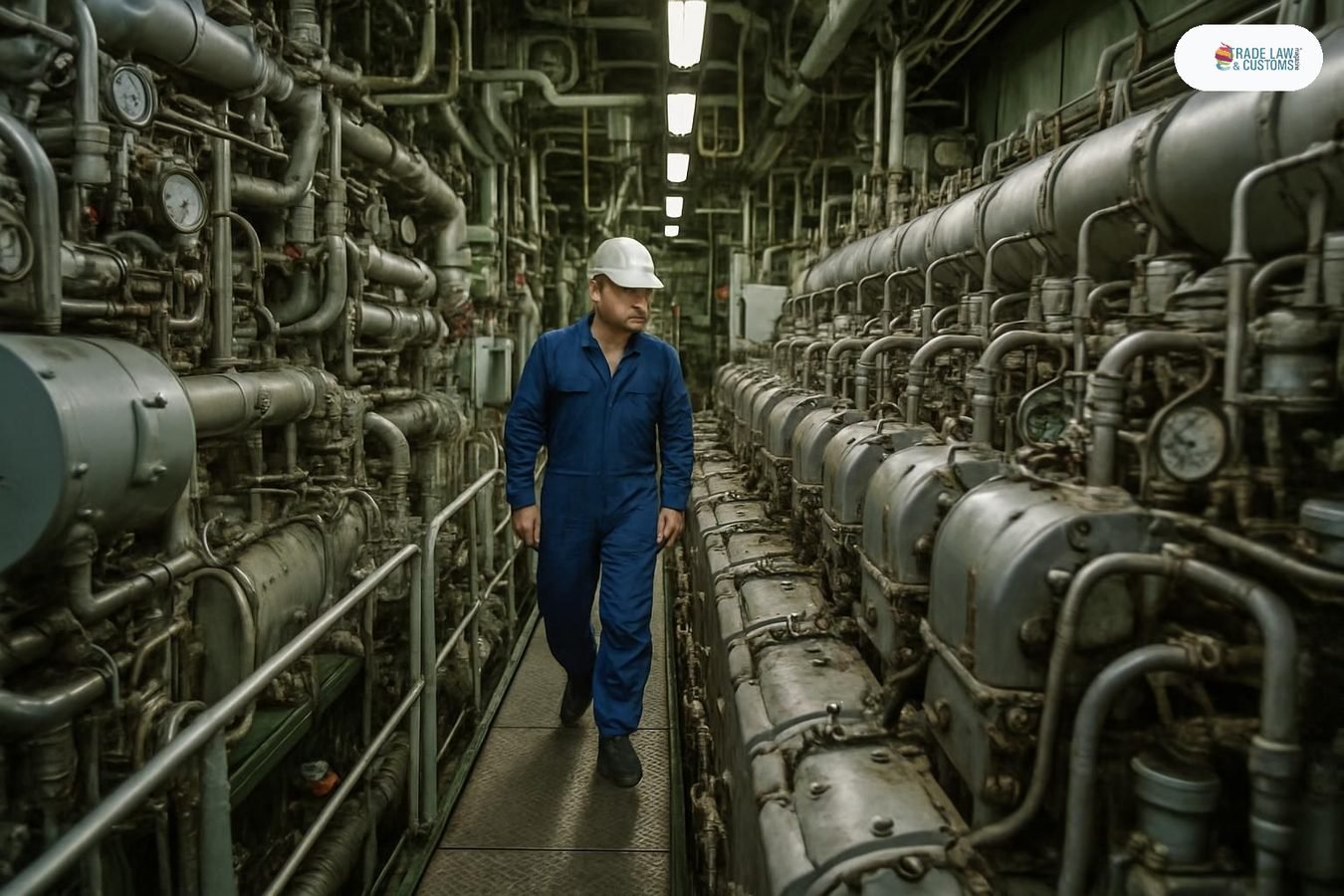 Jefe de máquinas revisando equipos en la sala de máquinas de un granelero mercante, ambiente industrial con maquinaria pesada.