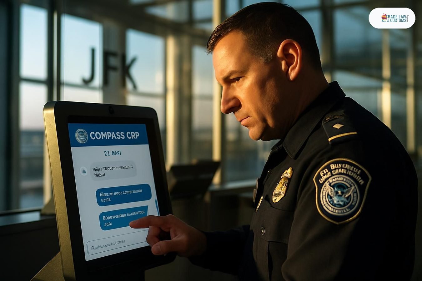 Oficial de la CBP en kiosco de entrada con interfaz del asistente virtual COMPASS en pantalla digital.