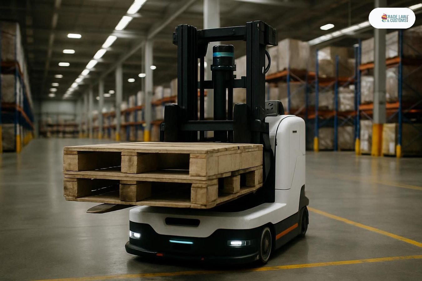 Robot autónomo PUDU MP2000 manipulando palet en interior de almacén logístico.