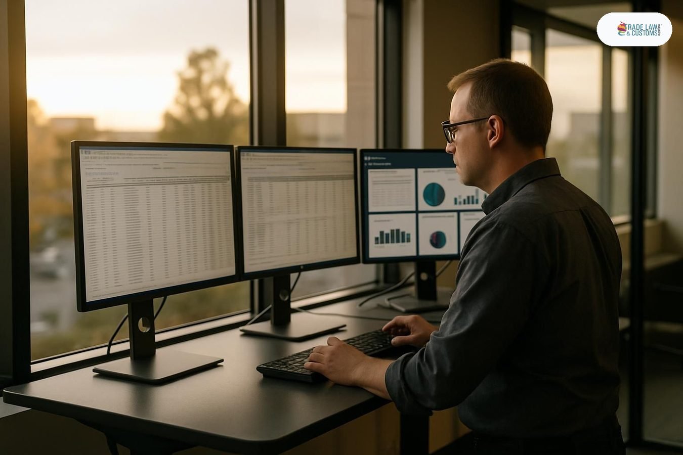 Analista de cumplimiento aduanal revisando dashboards de auditoría de IA sobre entradas históricas.