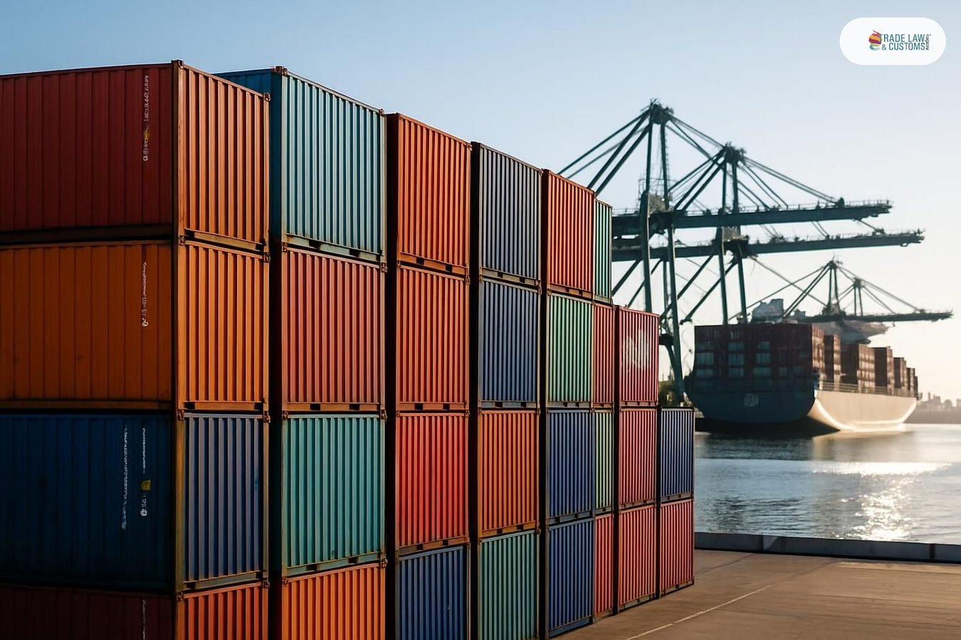 Contenedores apilados en el Puerto de Los Ángeles con grúas de carga al fondo bajo luz matutina.