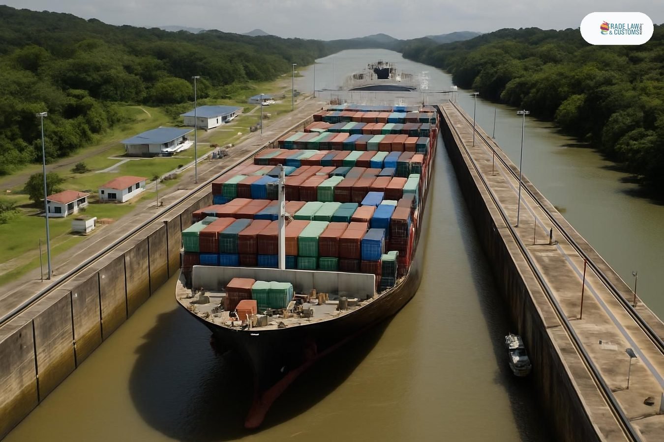 Portacontenedores transitando las esclusas Neopanamax del Canal de Panamá con niveles bajos de agua visibles.