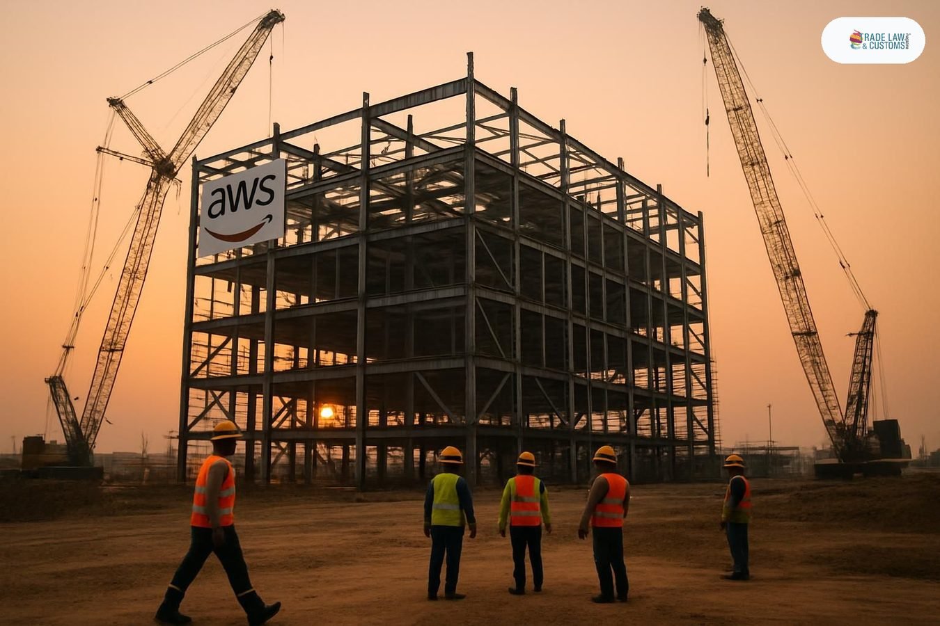 Construcción de centro de datos de AWS en Hyderabad, India, al amanecer con obreros y grúas.