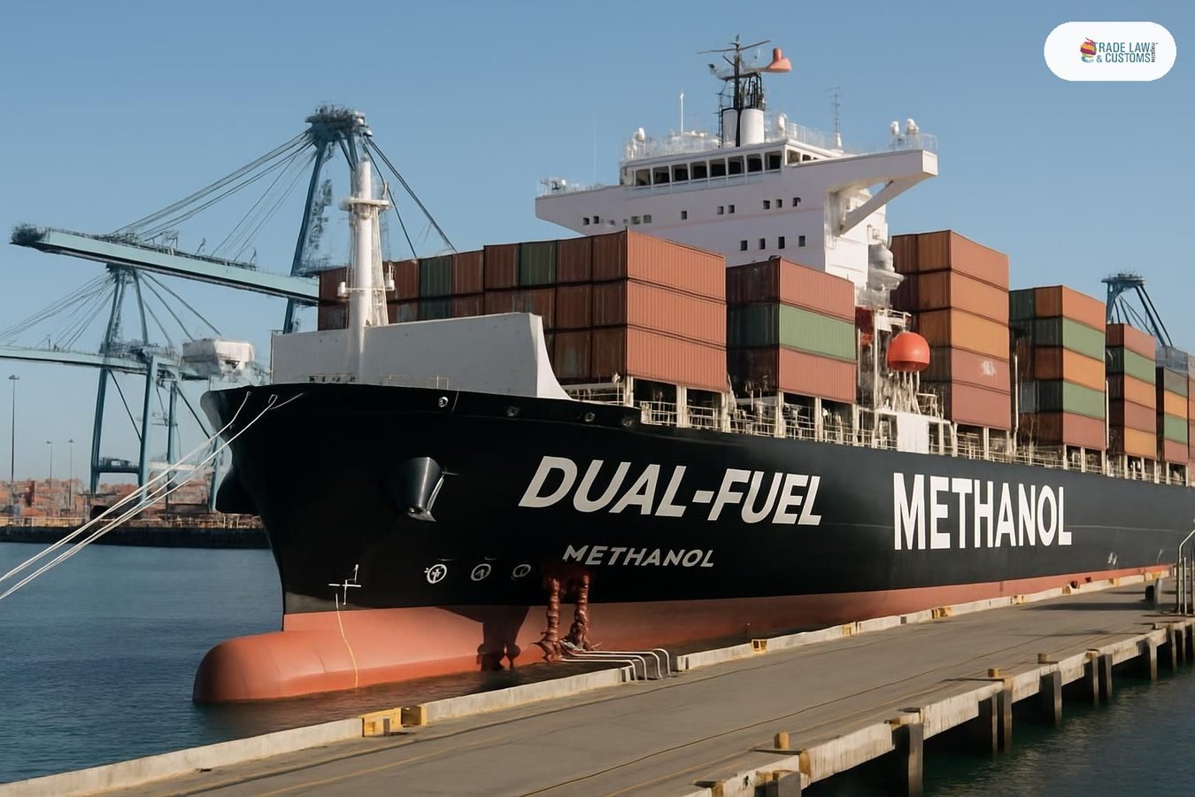 Buque portacontenedores de doble combustible atracado en el Puerto de Long Beach con conexiones de manguera de metanol visibles.