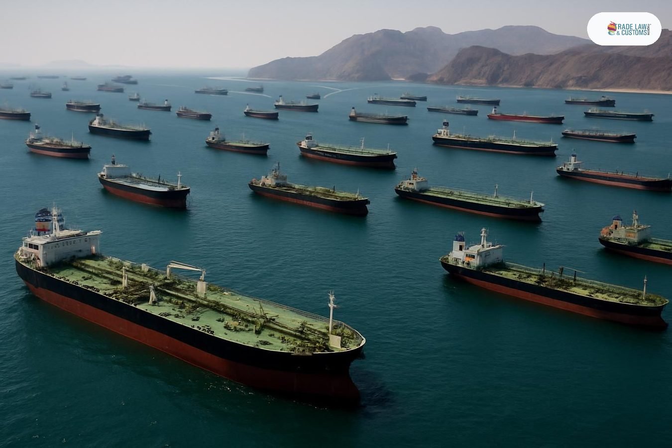 Decenas de buques tanqueros anclados fuera del Estrecho de Ormuz en el Golfo de Omán esperando autorización de tránsito.