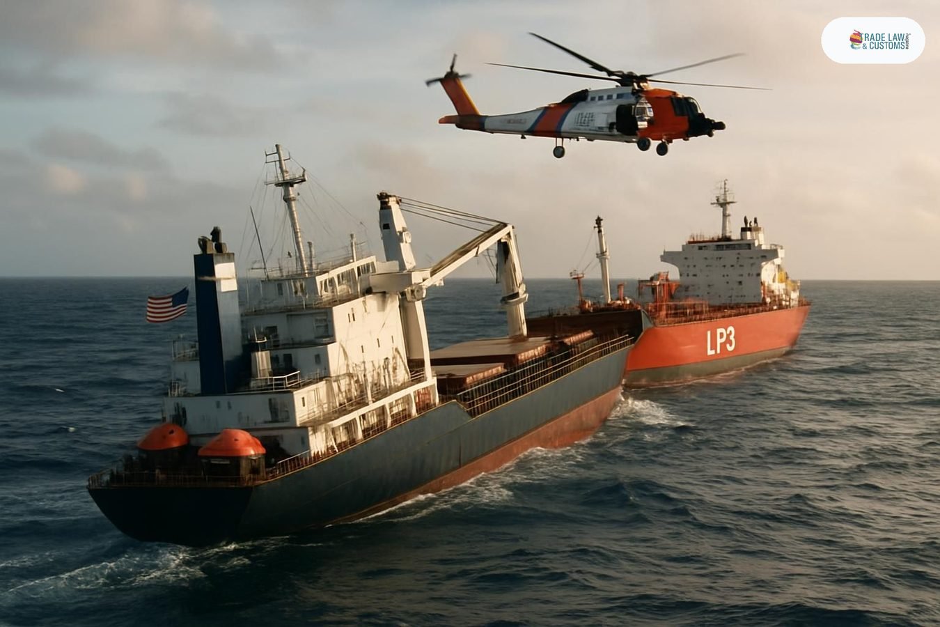 Buque de carga SLNC York con escora leve en el Pacífico y tanquero de rescate Pacific Yantai a su costado.