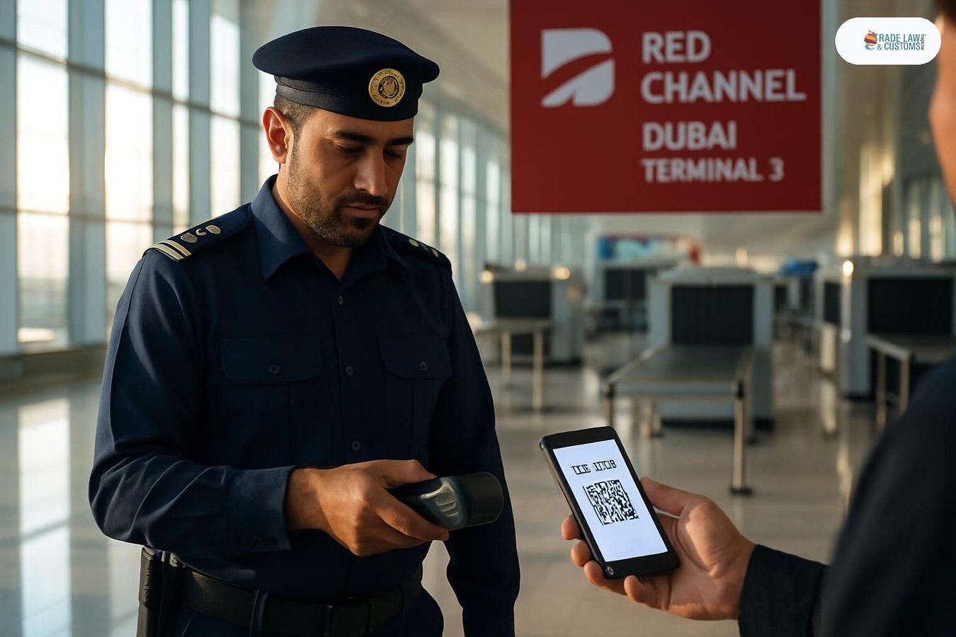 Oficial de Dubái Customs escanea código QR de la app iDeclare en el canal rojo del aeropuerto DXB.