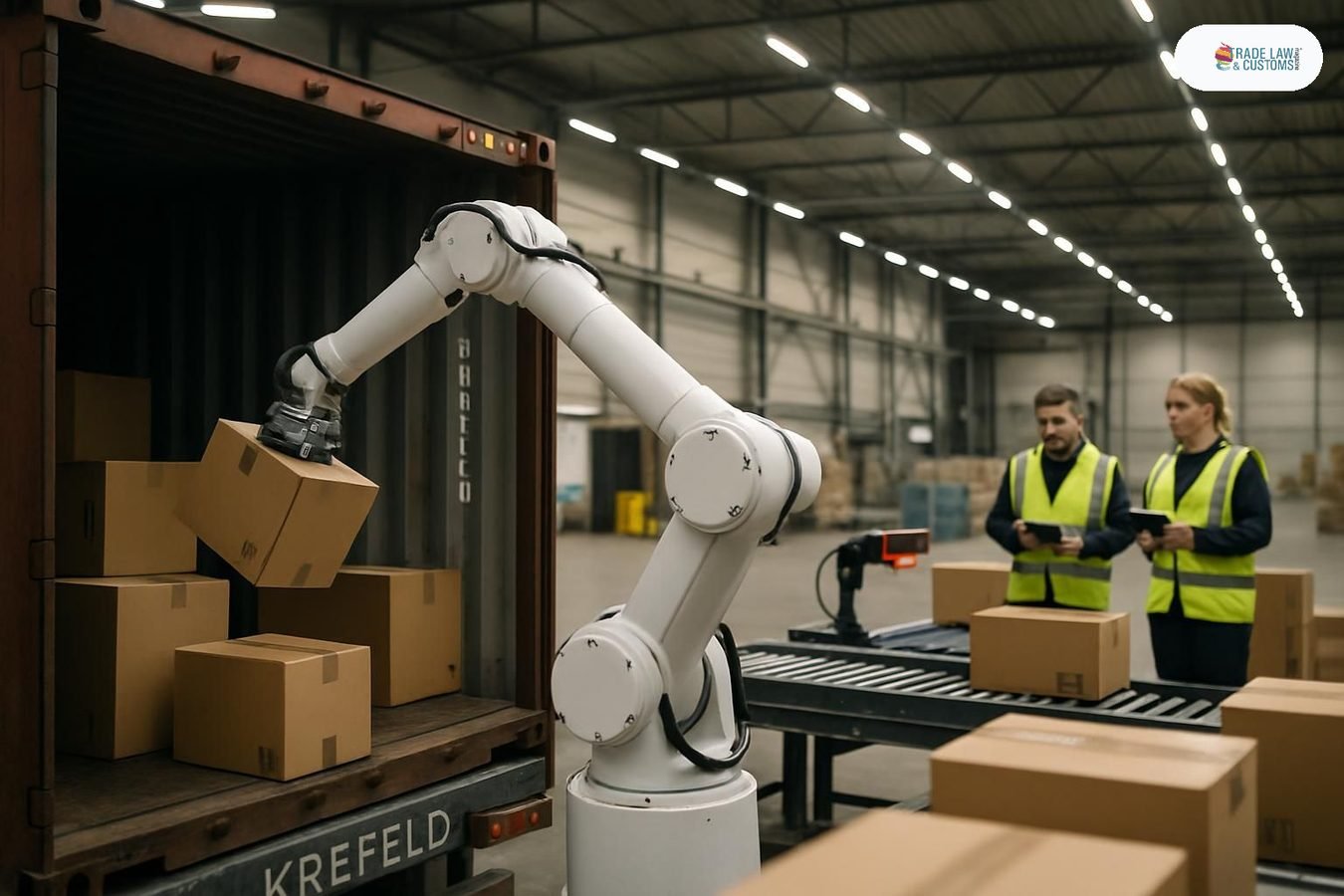 Robot RockyOne de XYZ Robotics descarga cartones de contenedor en almacén central de BAUHAUS en Krefeld, Alemania.