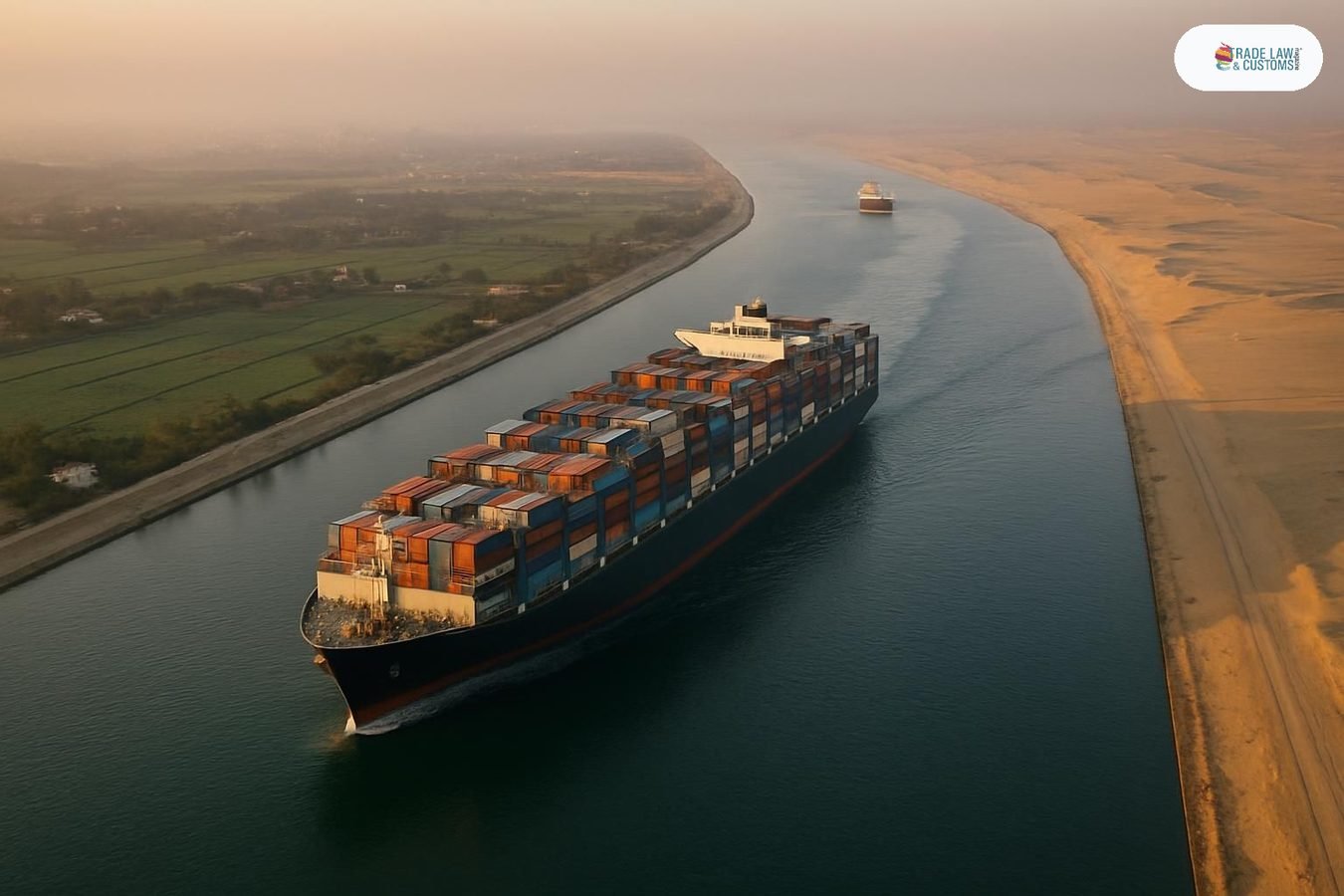 Portacontenedores navega hacia el norte por el Canal de Suez cerca de Ismailía, Egipto, en la recuperación de tráfico de agosto de 2026.
