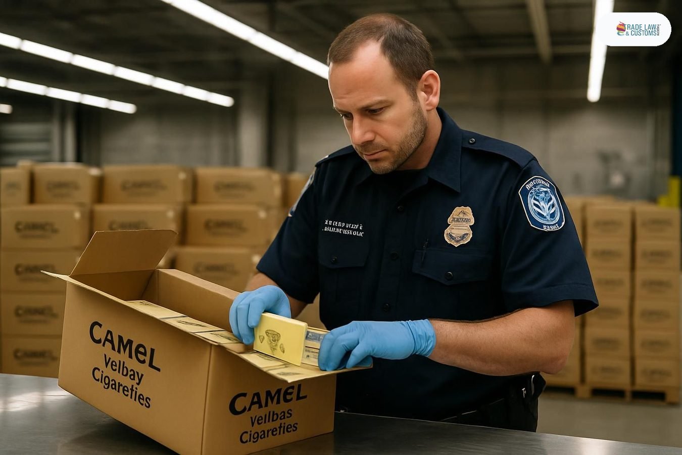 Oficial de la CBP inspecciona cajas de cigarros Camel falsificados decomisados en el aeropuerto de Dulles, Virginia, el 14 de agosto de 2026.