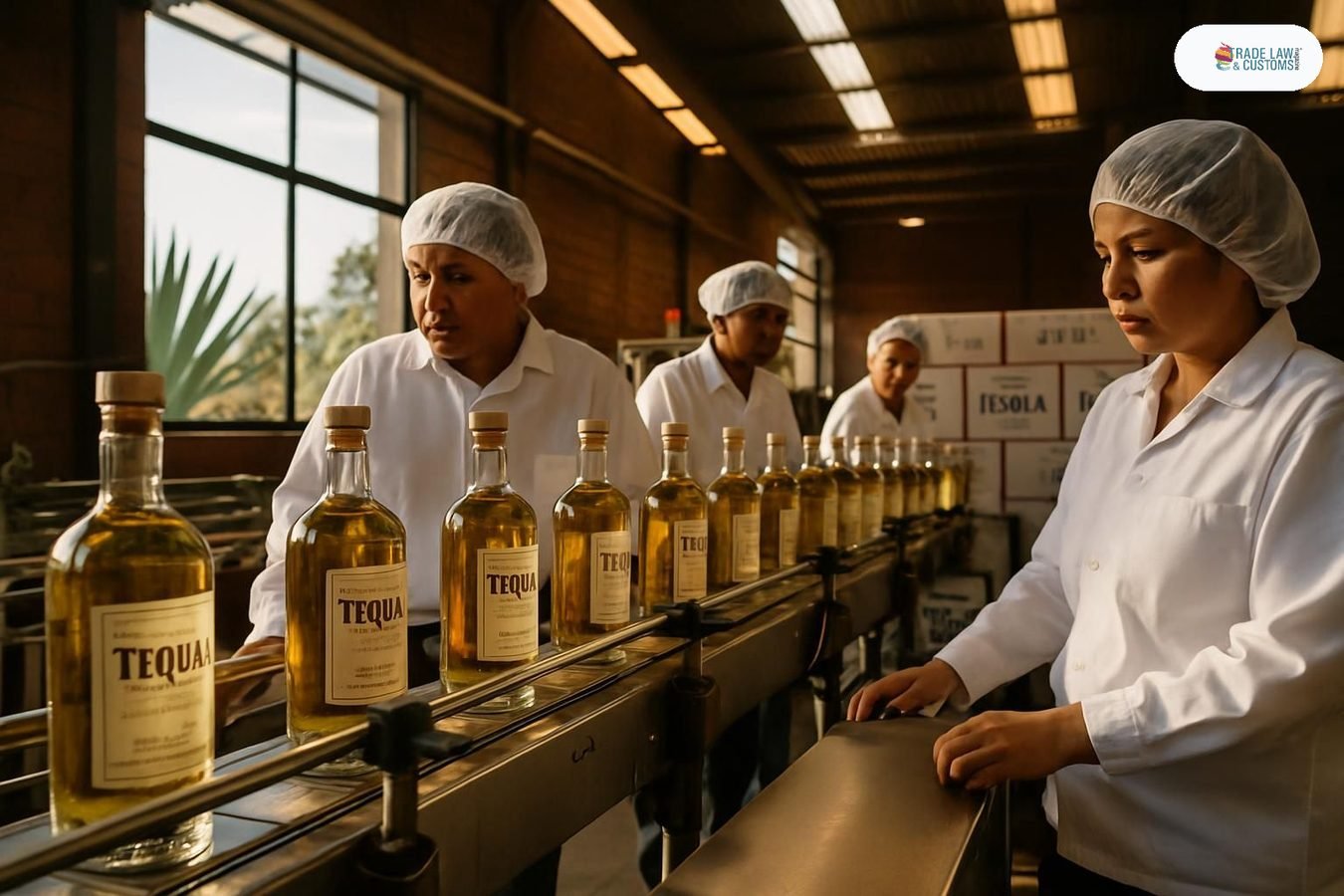 Línea de embotellado en destilería de tequila en Los Altos de Jalisco, México, con cajas de exportación en preparación, agosto de 2026.