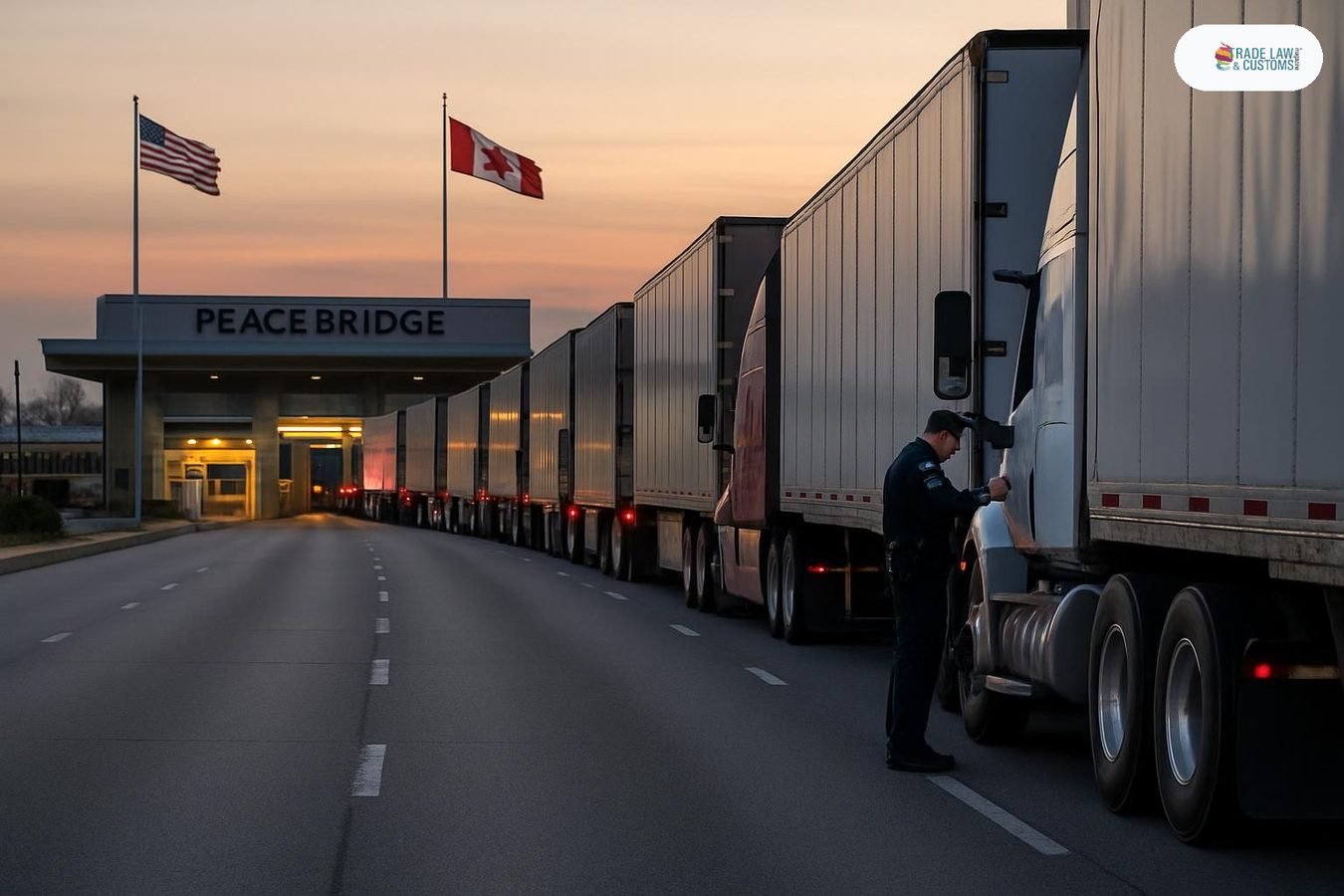 Fila de camiones comerciales en el cruce fronterizo Peace Bridge entre EE.UU. y Canadá al amanecer del 22 de agosto de 2026, tras la activación de aranceles del 50%.