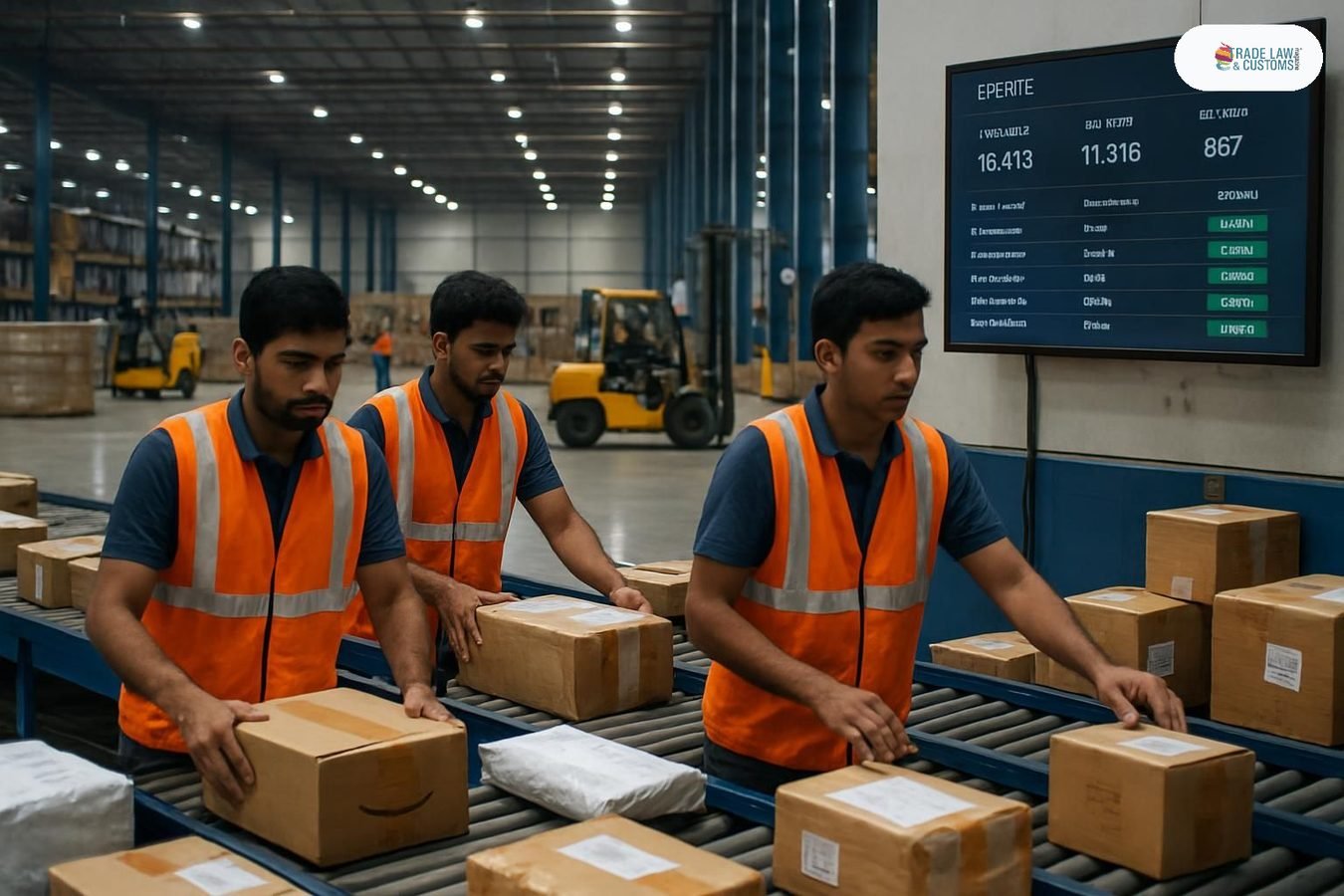 Trabajadores en almacén de exportación de e-commerce en zona logística de India