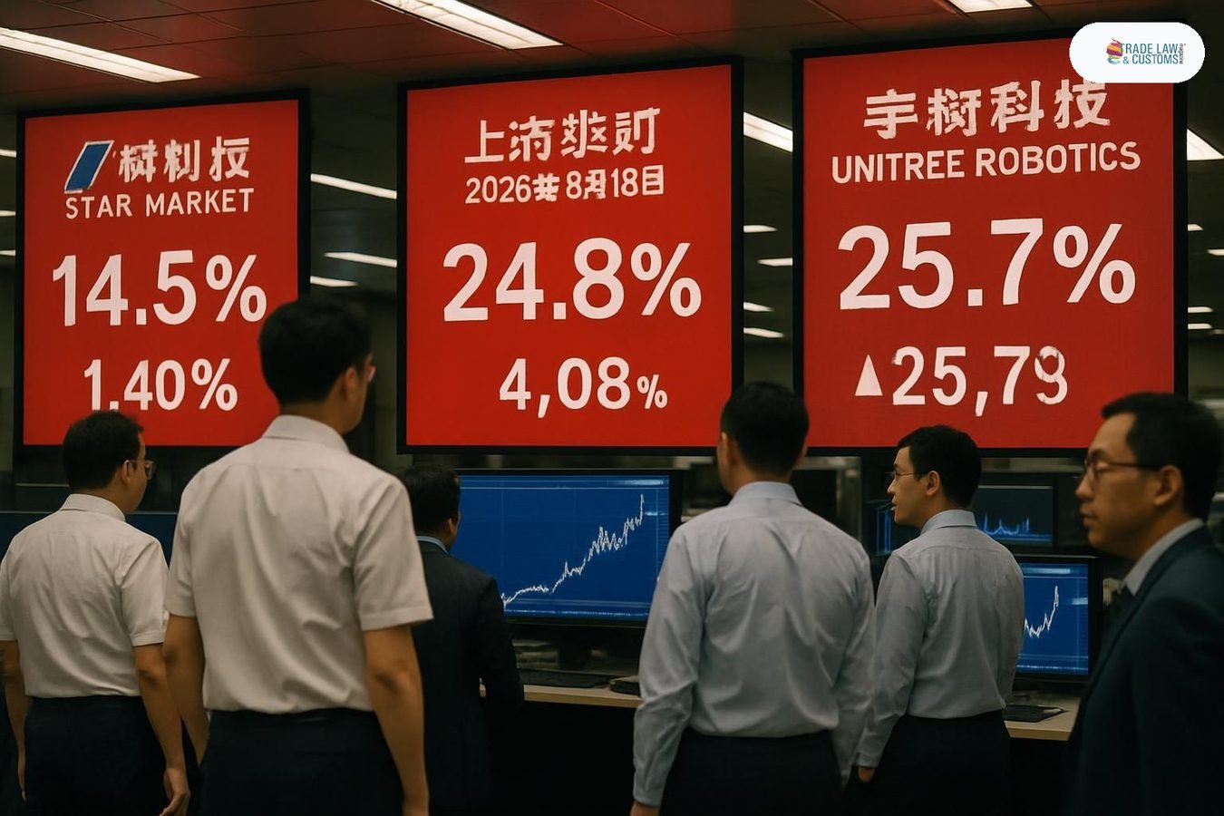 Pantallas del mercado STAR de Shanghái muestran el alza de 460% de Unitree Robotics el 19 de agosto de 2026