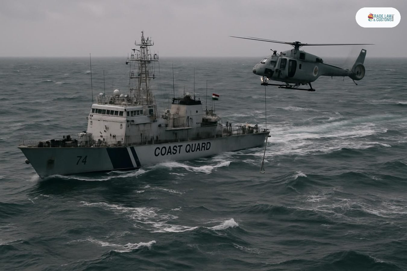 Embarcación de la Guardia Costera de India en operación de búsqueda y rescate en la Bahía de Bengala tras el hundimiento del MV Ocean Winner
