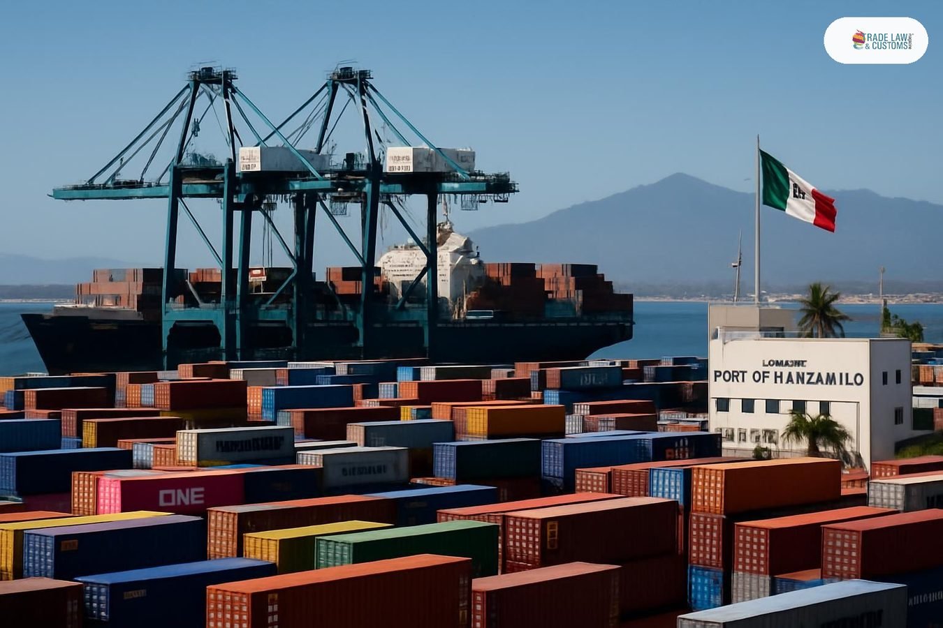 Vista del Puerto de Manzanillo, Colima, con grúas pórtico y contenedores apilados en terminal de carga