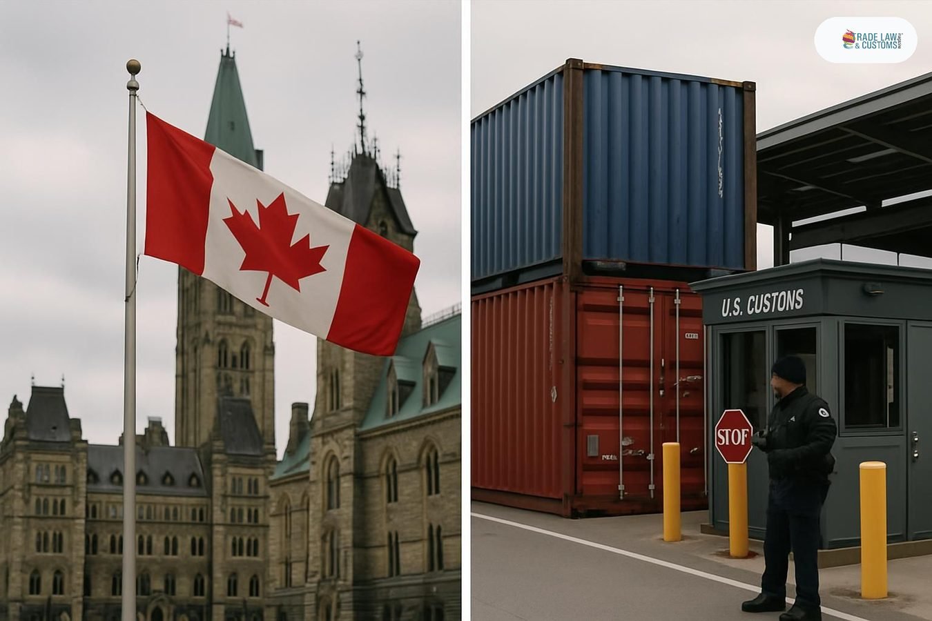 Bandera canadiense frente a edificio gubernamental en Ottawa y contenedores en cruce fronterizo Canada-EE.UU.