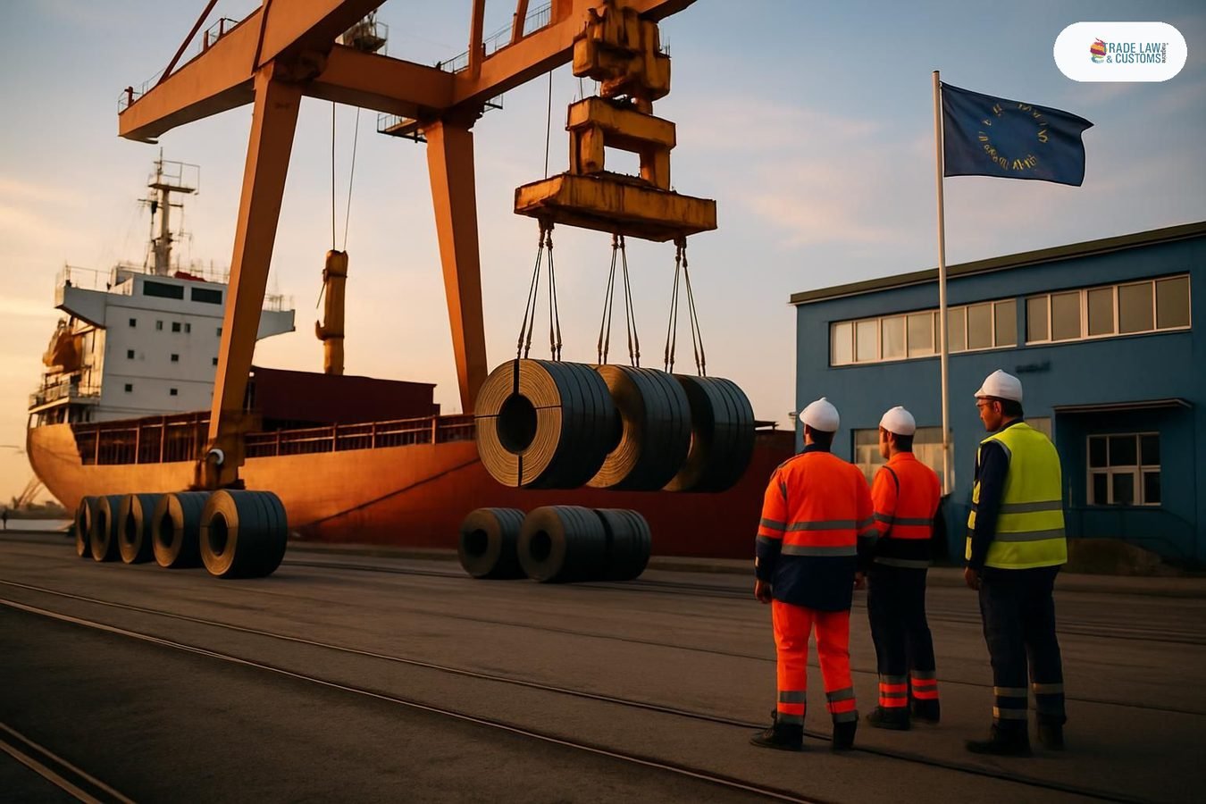 Terminal portuaria europea descarga bobinas de acero al atardecer bajo grúa de pórtico; aplica el mecanismo CBAM.