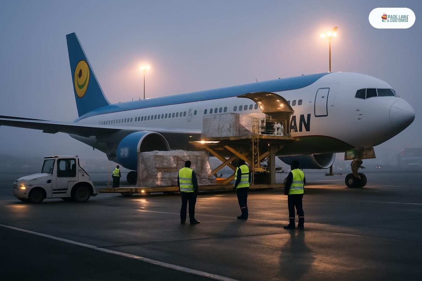 Avión de carga uzbeko siendo cargado en el aeropuerto de Lieja al amanecer para vuelo a Asia Central.