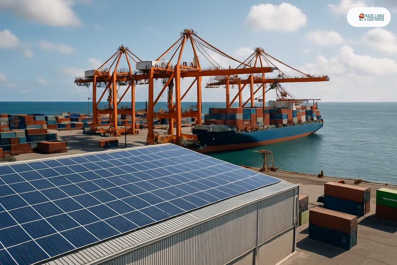 Terminal portuaria con paneles solares en bodega y grúas eléctricas cargando buque portacontenedores al mediodía.