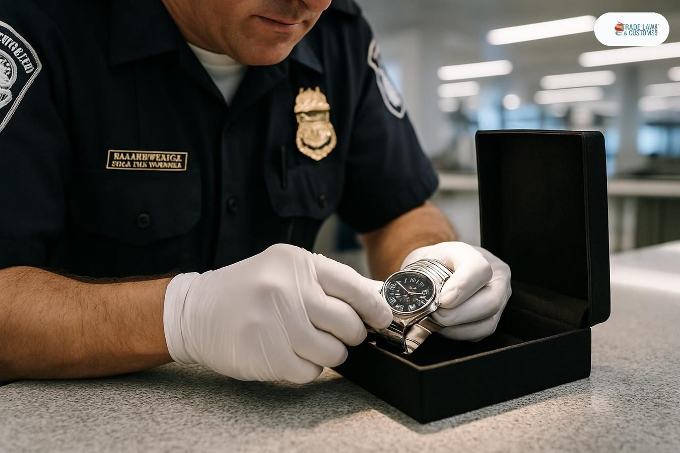 Oficial de CBP inspecciona reloj de lujo sobre mesa de revisión en sala de aduanas de aeropuerto estadounidense.