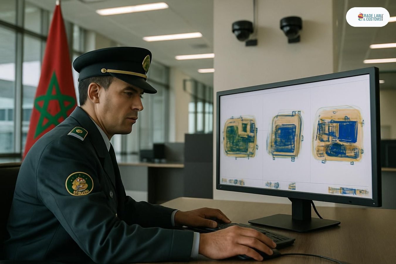Funcionario aduanal marroquí frente a pantalla de análisis de imágenes de escáner en oficina gubernamental