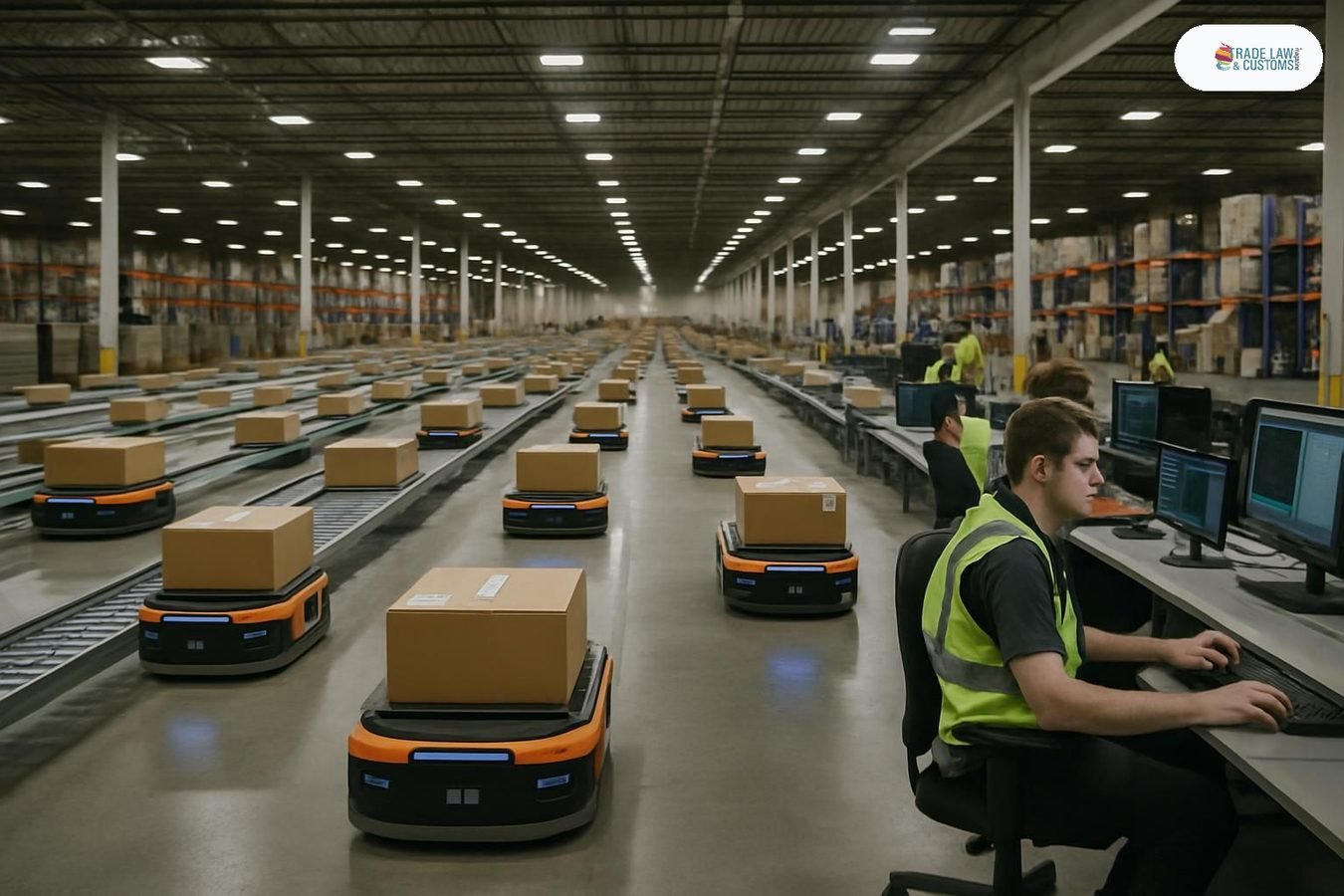 Centro de distribución norteamericano con robots autónomos en operación junto a trabajadores en estaciones de control