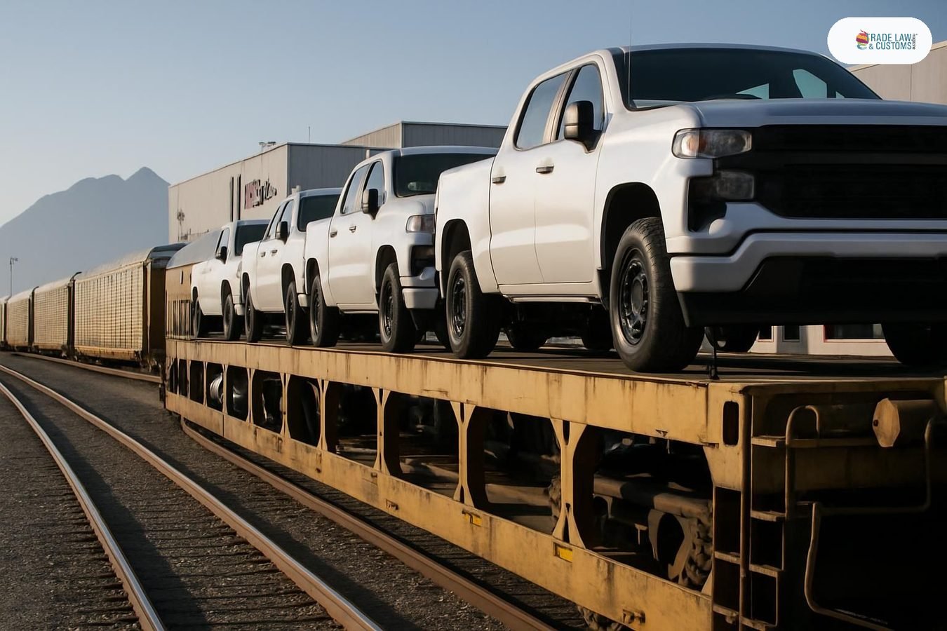 Camionetas recién fabricadas sobre vagones ferroviarios en patio automotriz en zona fronteriza de México