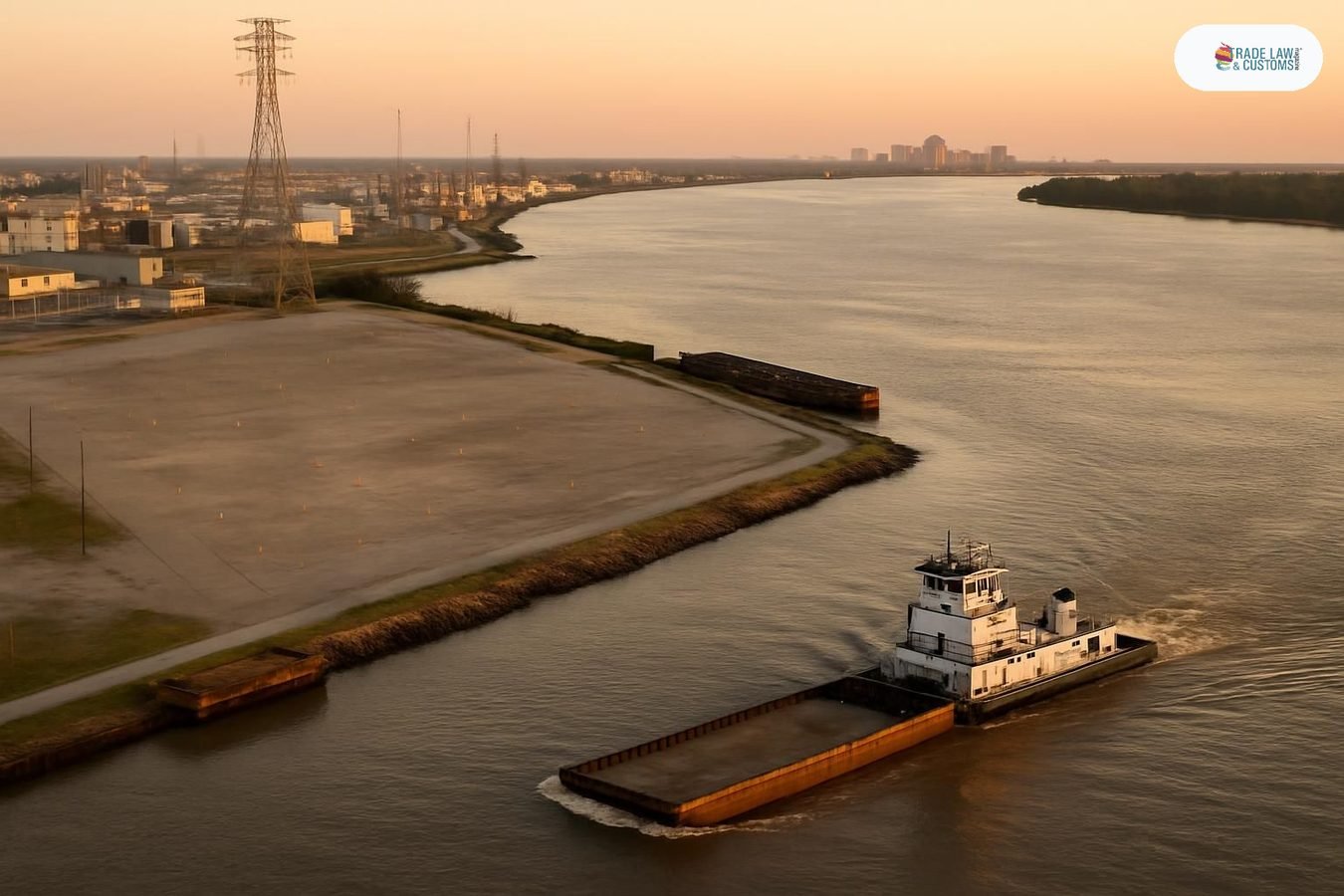 Vista aérea del Bajo Misisipi cerca de Nueva Orleans con sitio industrial preparado para construcción portuaria