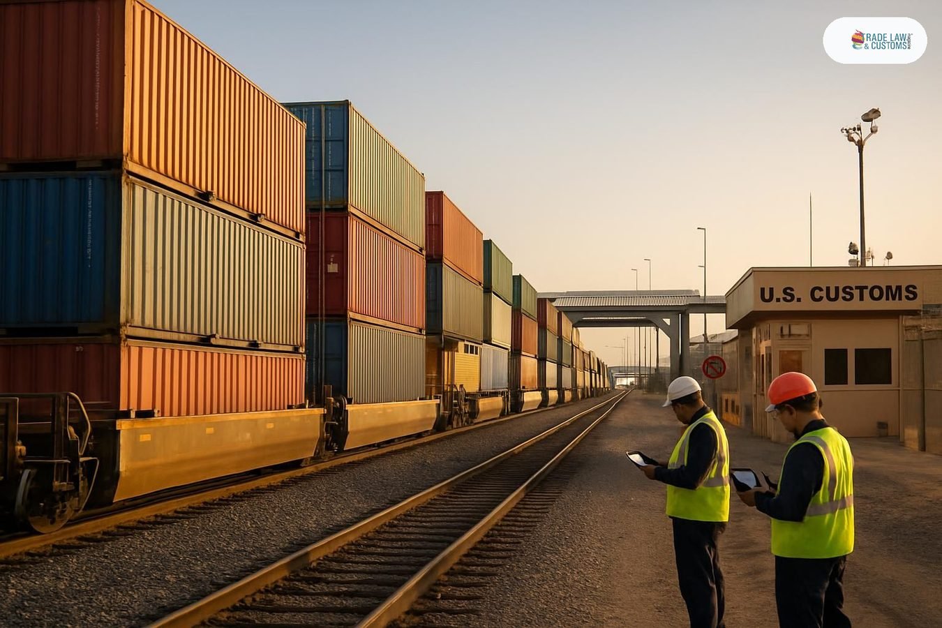 Tren de carga con contenedores cruzando la frontera México-Estados Unidos en un puerto terrestre al amanecer.