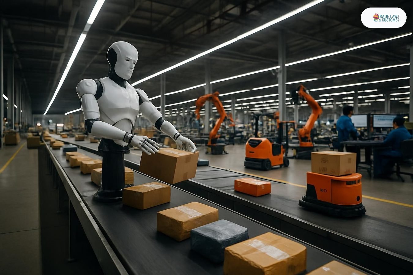 Robot humanoide clasificando paquetes en el centro postal automatizado de China Post en Guangzhou.