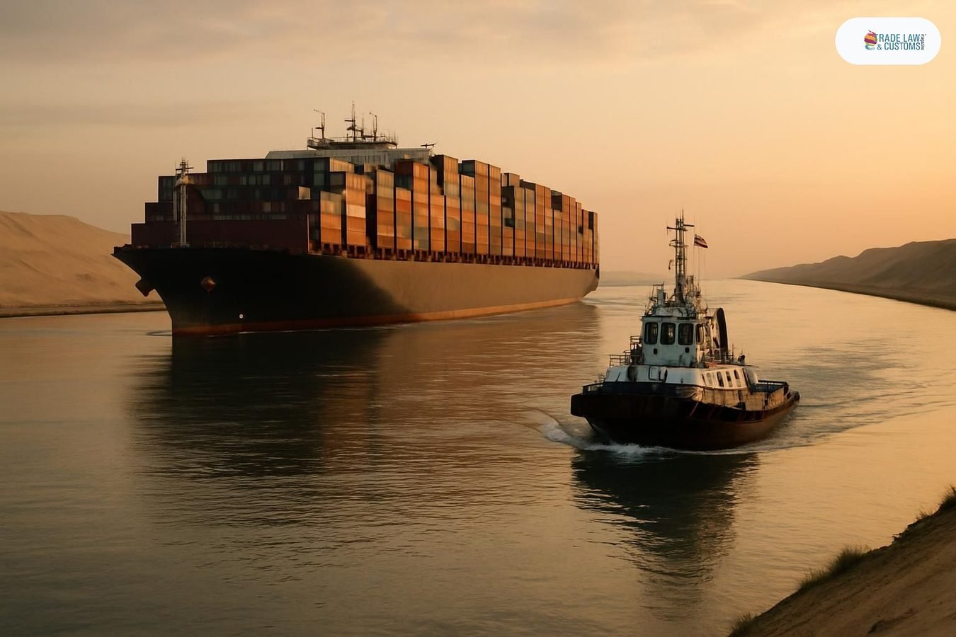 Portacontenedores de gran calado navegando hacia el norte por el Canal de Suez al amanecer, con escoltas de remolcadores egipcios.