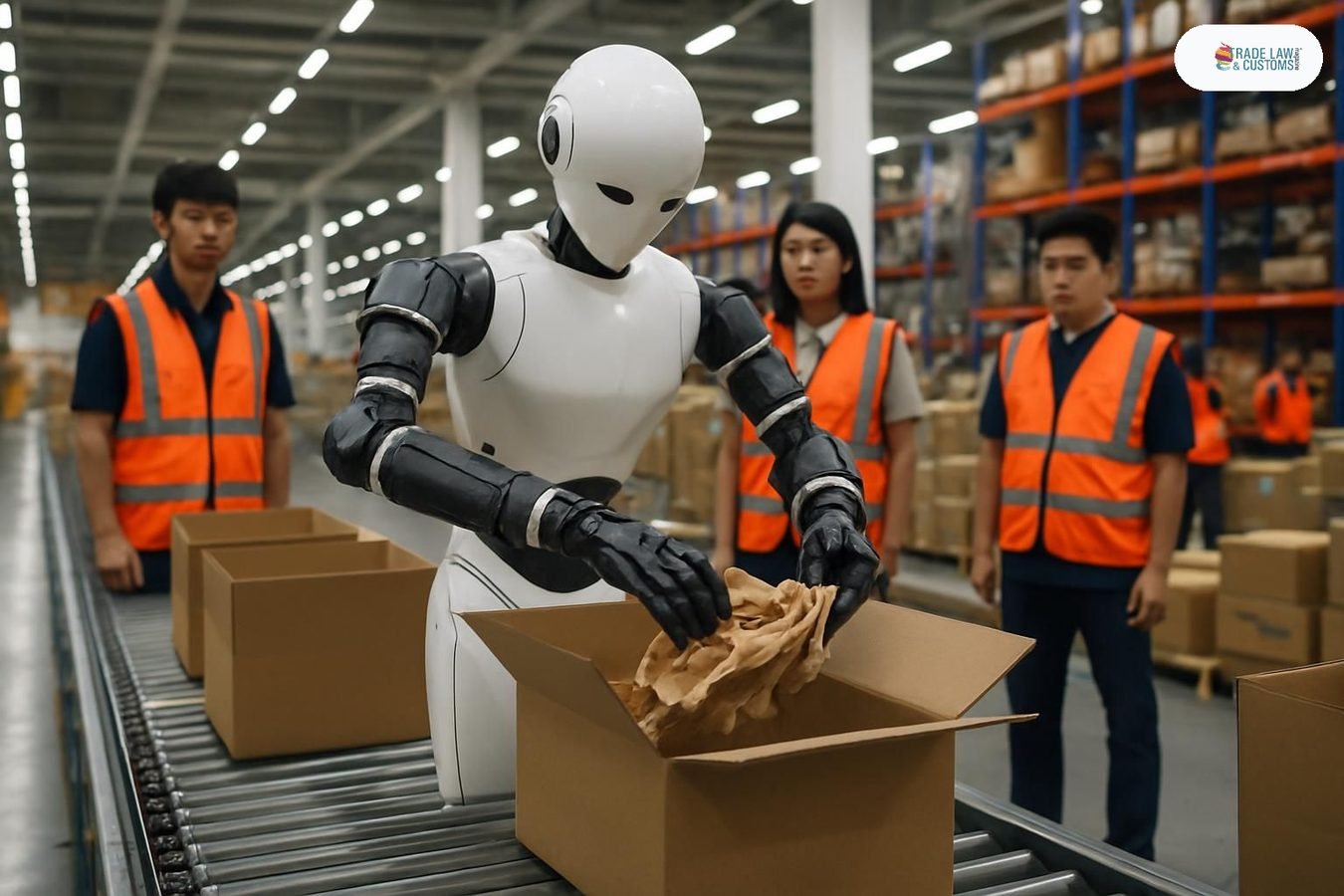 Robot humanoide de doble brazo inserta material de acolchado en cajas en centro logístico de CJ Logistics en Yongin, Corea del Sur.