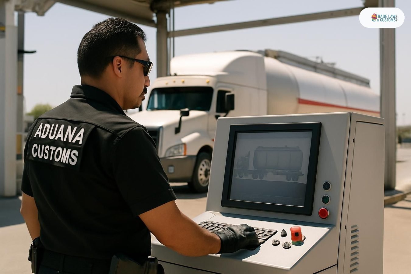 Inspector aduanal mexicano operando equipo de revisión no intrusiva frente a autotanque en aduana fronteriza.