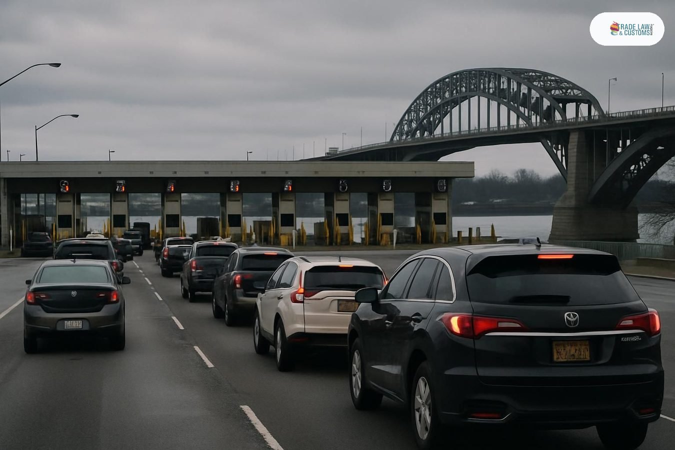 Fila de vehículos en cruce fronterizo entre Canadá y Estados Unidos en el Puente de la Paz.