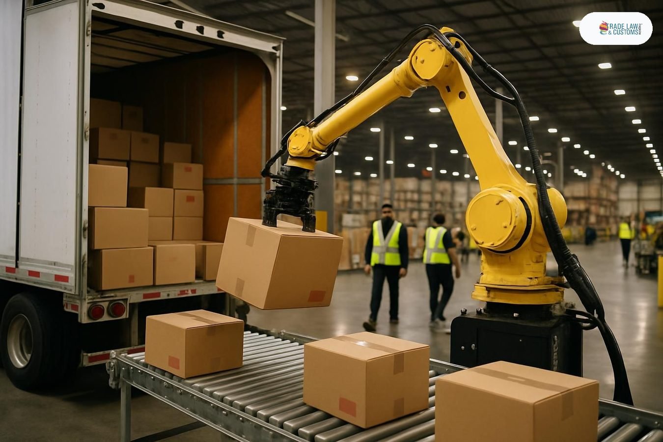 Robot de descarga retirando cajas de un tráiler en centro de distribución de gran escala en Estados Unidos.